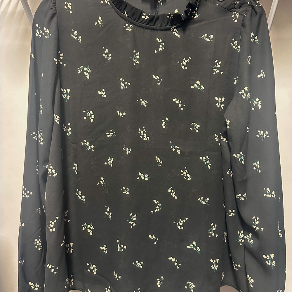 LOFT Black Long Sleeve Ruffle Collar Blouse